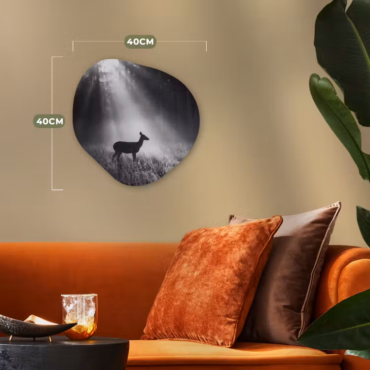 Hert - Bos - Zonnestralen - Zwart-wit - Natuur Wandcirkel Organisch Forex 3mm klein -sfeer3