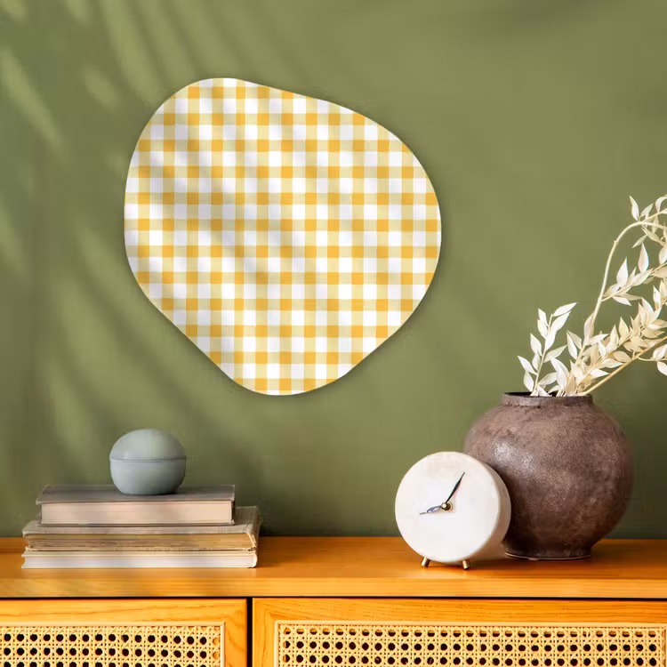 Ruit - Gingham - Klassiek - Geel en Wit Wandcirkel Organisch Forex 3mm klein 629 -sfeer2