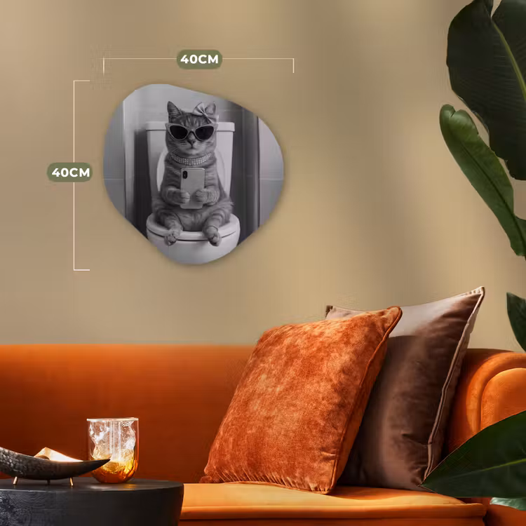 Kat - Telefoon - Toilet - Zwart - Wit Wandcirkel Organisch Forex 3mm klein -sfeer3