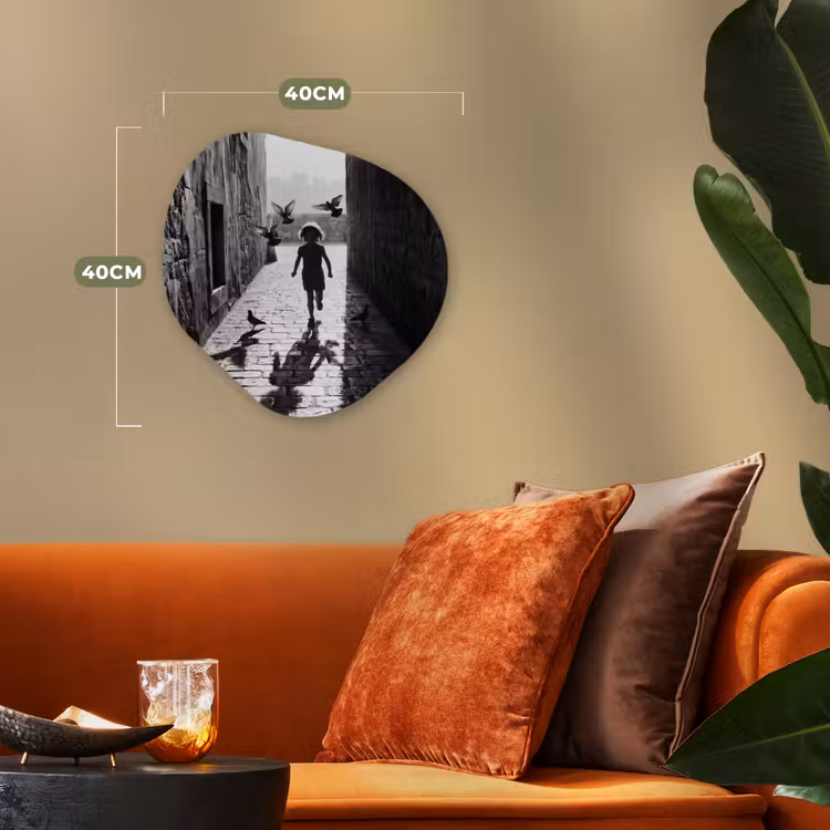 Kind - Vogel - Straat - Zwart-wit - Spelen Wandcirkel Organisch Forex 3mm klein -sfeer3