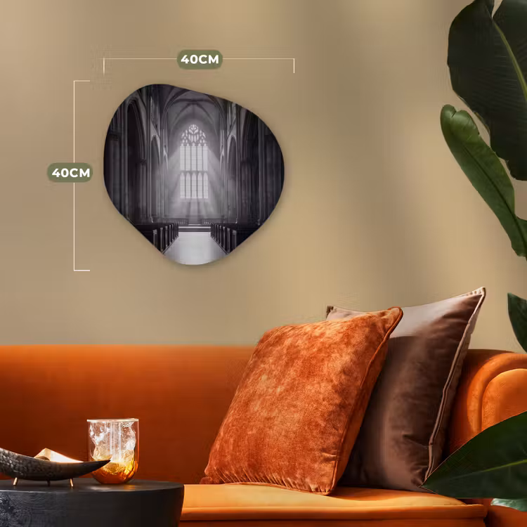 Kerk - Interieur - Lichtstralen - Architectuur - Klassiek Wandcirkel Organisch Forex 3mm klein -sfeer3