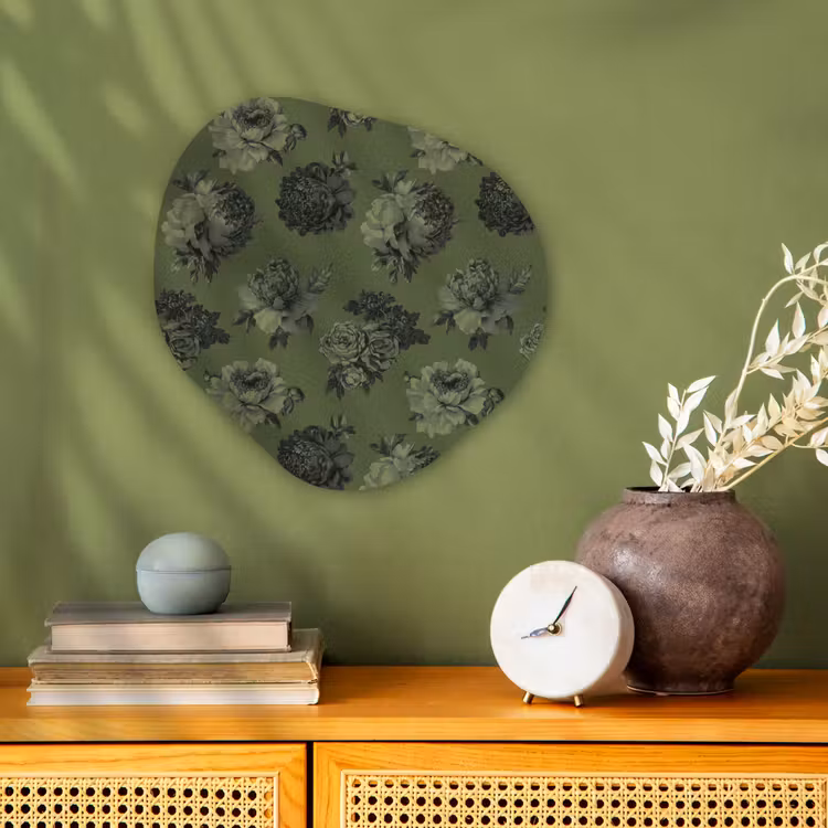 Klassiek - botanisch - olijfgroen - bloemen Wandcirkel Organisch Forex 3mm klein 629 -sfeer2