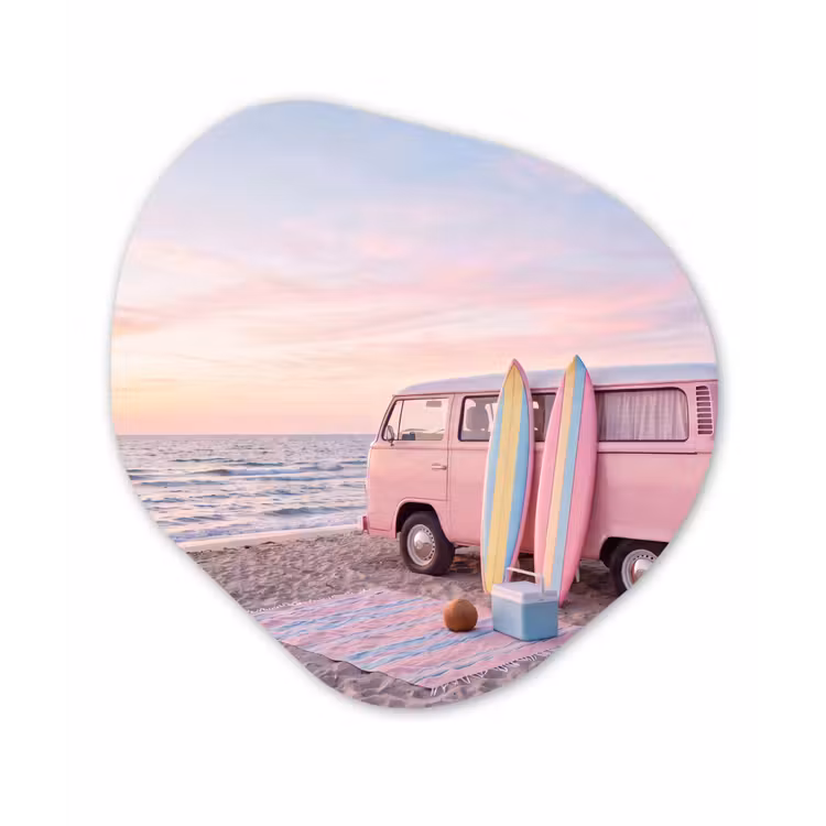 Busje - Strand - Surfplank - Zomer - Roze Wandcirkel Organisch Forex 3mm klein -3d