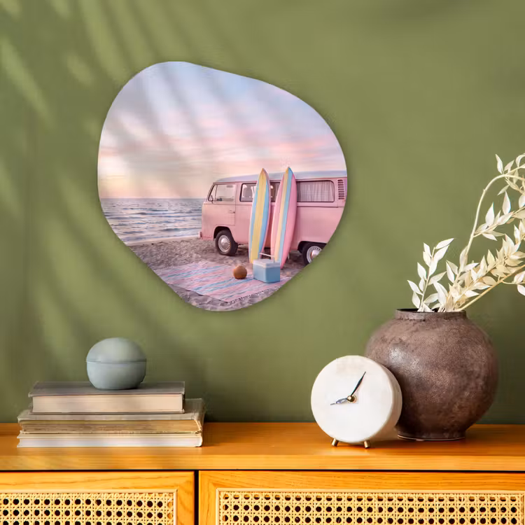 Busje - Strand - Surfplank - Zomer - Roze Wandcirkel Organisch Forex 3mm klein -sfeer2