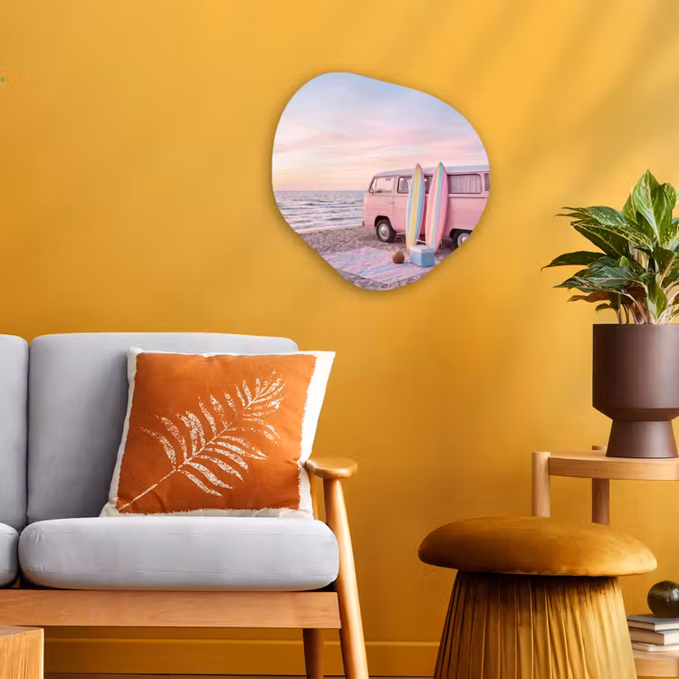 Busje - Strand - Surfplank - Zomer - Roze Wandcirkel Organisch Forex 3mm klein -sfeer4