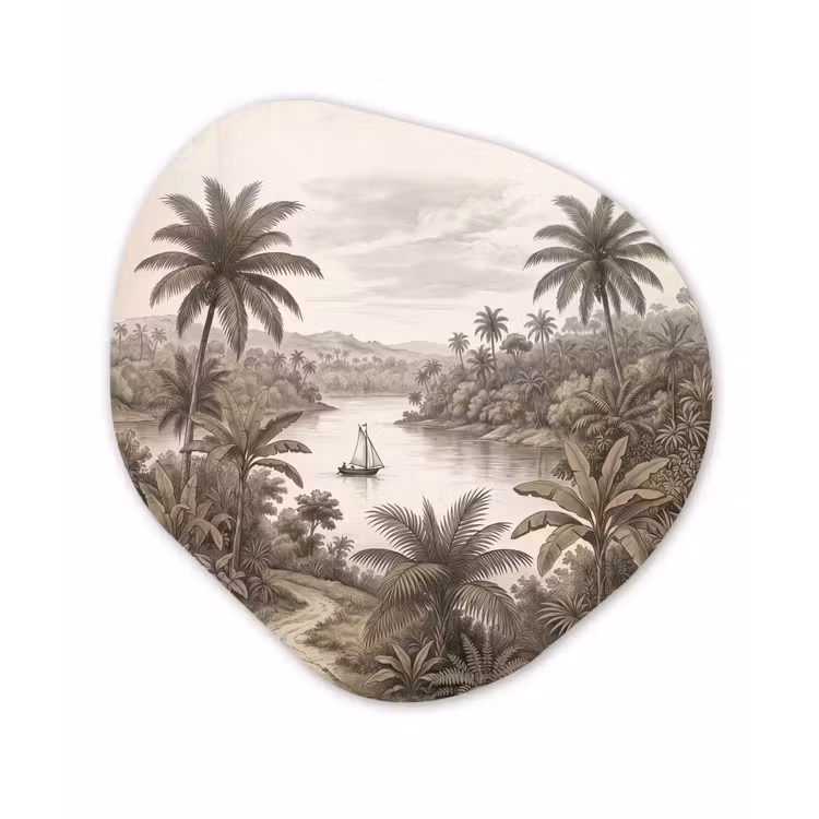 Landschap - Rivier - Boot - Tropisch - Vintage Wandcirkel Organisch Forex 3mm klein -3d