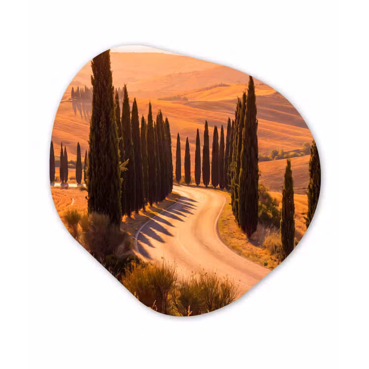 Landschap - Weg - Bomen - Natuur - Goud Wandcirkel Organisch Forex 3mm klein -3d