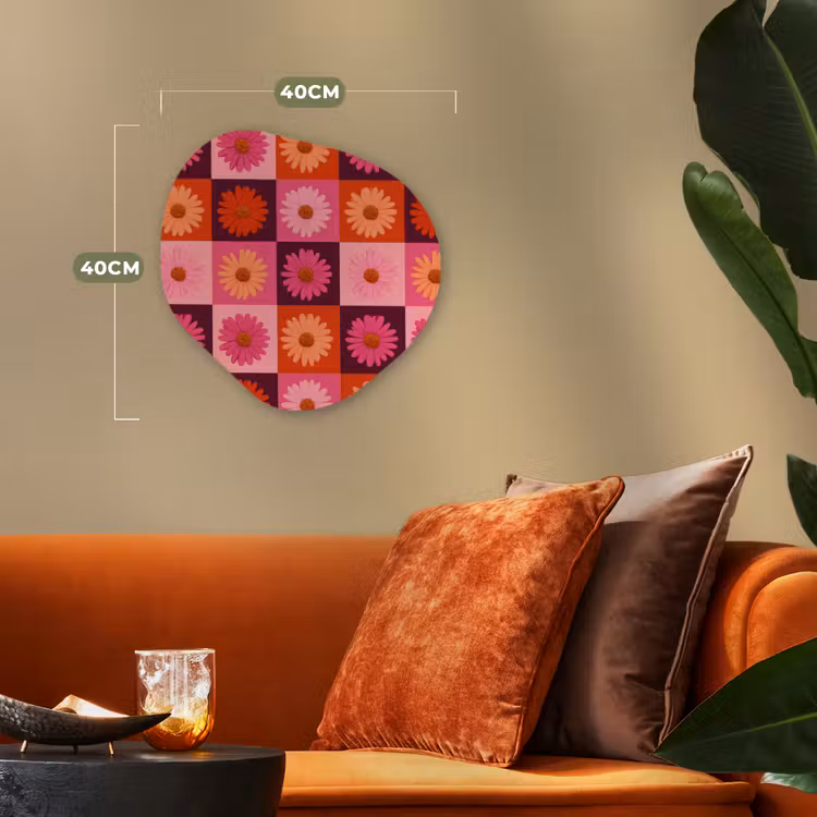 Madeliefjes - Dambord - Retro - Roze - Oranje Wandcirkel Organisch Forex 3mm klein 629 -sfeer3