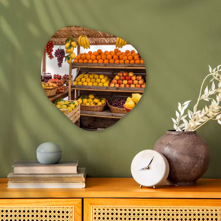 Forexbild Organische Form - Marktstand – Obst – Frisch - Marktkraam - Fruit - Vers Wandcirkel Organisch Forex 3mm klein