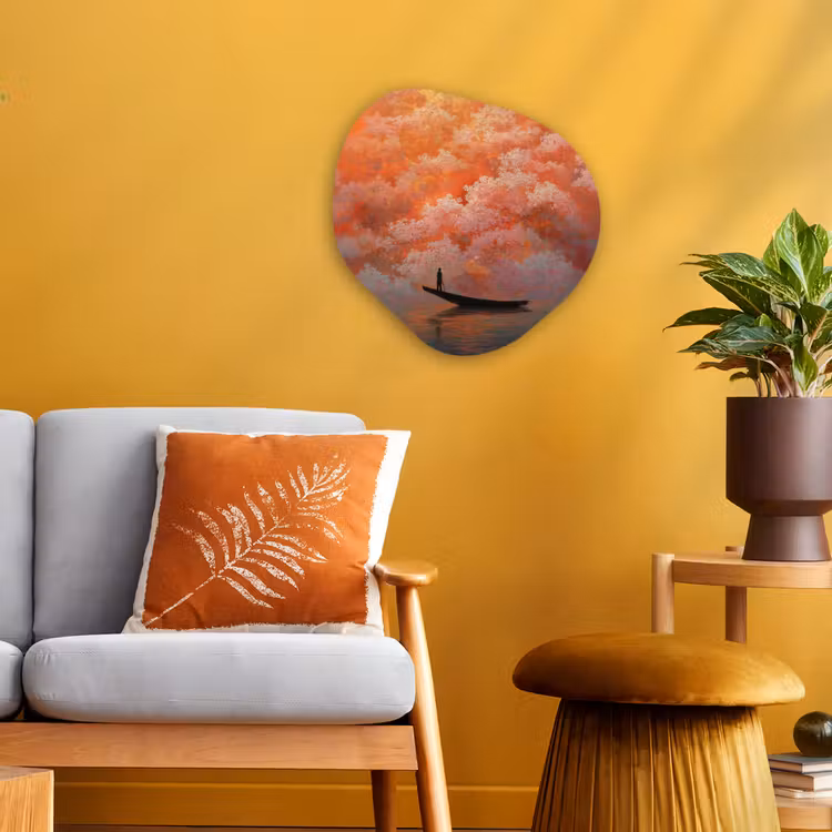 Zee - Boot - Wolken - Oranje Wandcirkel Organisch Forex 3mm klein -sfeer4