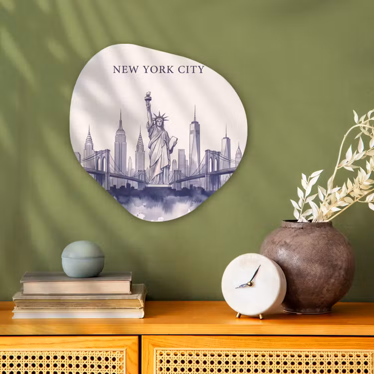 New York - Vrijheidsbeeld - Skyline - Illustratie - Blauw Wandcirkel Organisch Forex 3mm klein -sfeer2