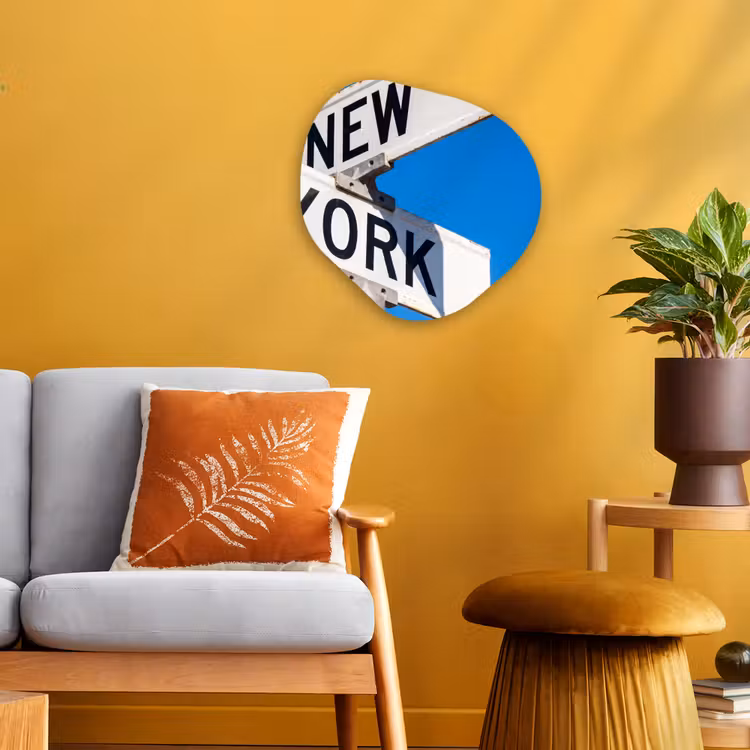 New York - Straatbord - Stad - Urban - Blauw Wandcirkel Organisch Forex 3mm klein -sfeer4