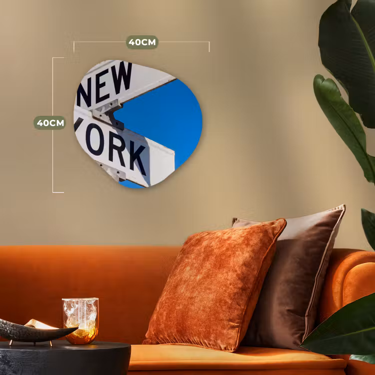 New York - Straatbord - Stad - Urban - Blauw Wandcirkel Organisch Forex 3mm klein -sfeer3