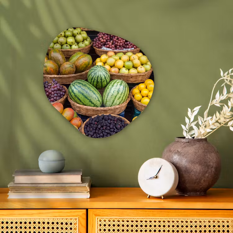 Forexbild Organische Form - Obst – Markt – Bunt - Fruit - Markt - Kleurrijk Wandcirkel Organisch Forex 3mm klein