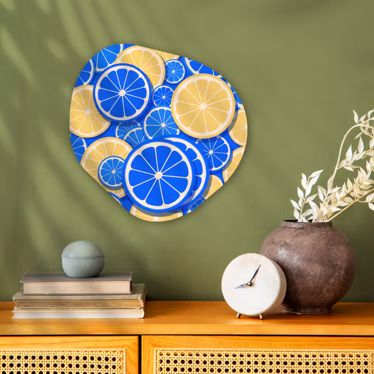 Fruit - Schijven - Patroon - Modern - Blauw - Geel Wandcirkel Organisch Forex 3mm klein -sfeer2