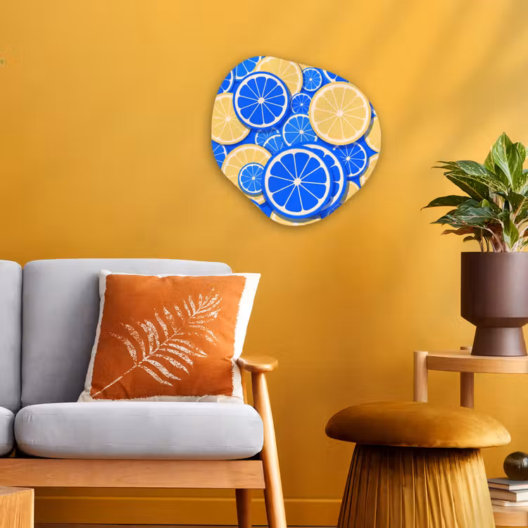 Fruit - Schijven - Patroon - Modern - Blauw - Geel Wandcirkel Organisch Forex 3mm klein -sfeer4