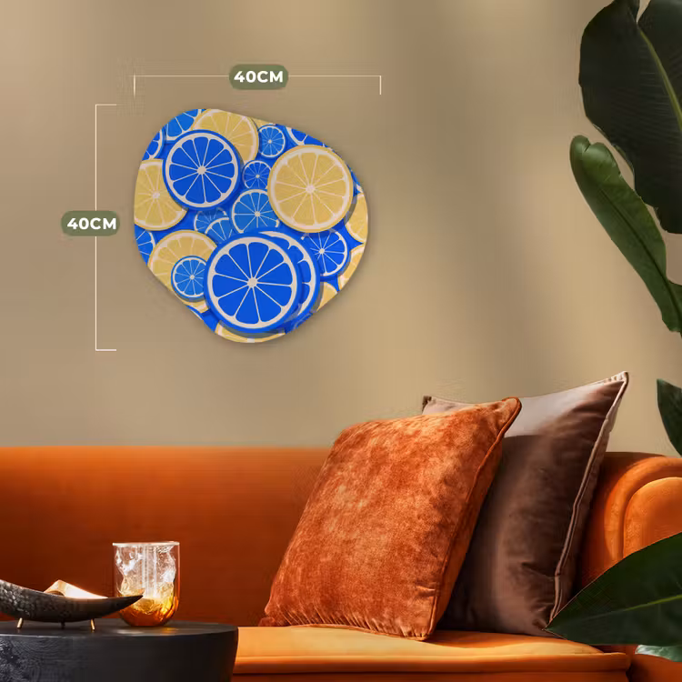 Fruit - Schijven - Patroon - Modern - Blauw - Geel Wandcirkel Organisch Forex 3mm klein -sfeer3