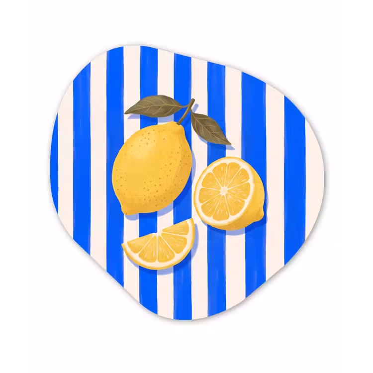 Fruit - Citroen - Zomer - Geel - Blauw Wandcirkel Organisch Forex 3mm klein -3d