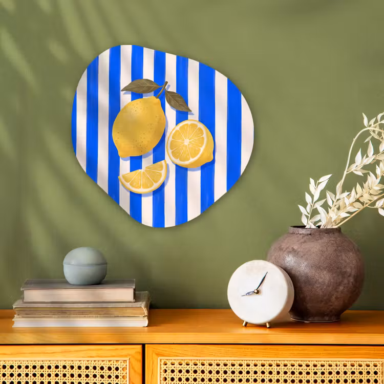 Fruit - Citroen - Zomer - Geel - Blauw Wandcirkel Organisch Forex 3mm klein -sfeer2