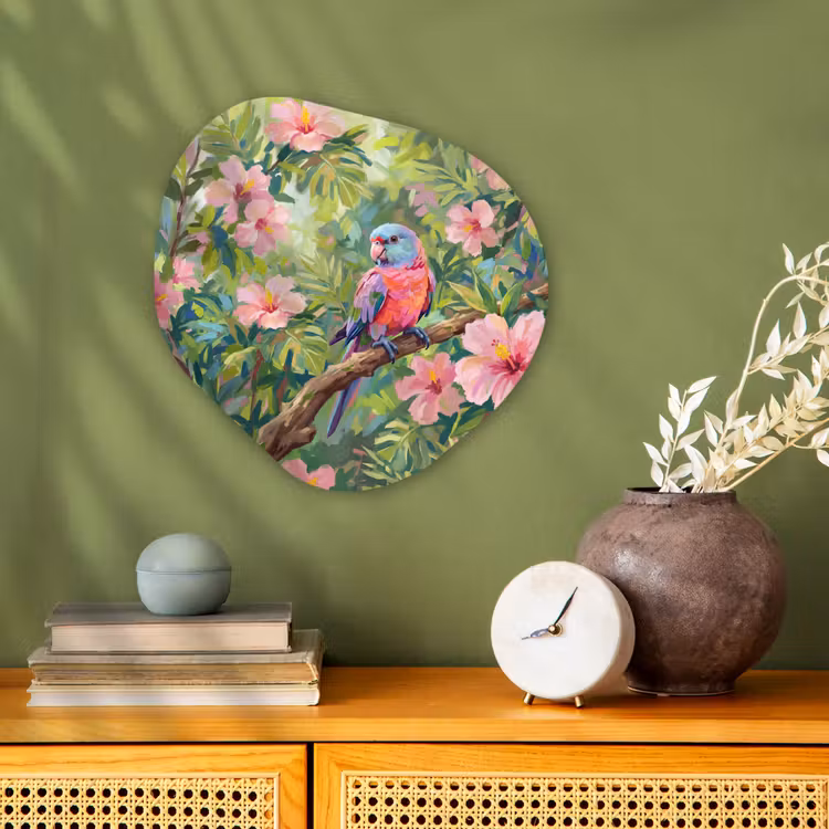 Papagaai - Hibiscusbloemen - Kleurrijk Wandcirkel Organisch Forex 3mm klein -sfeer2