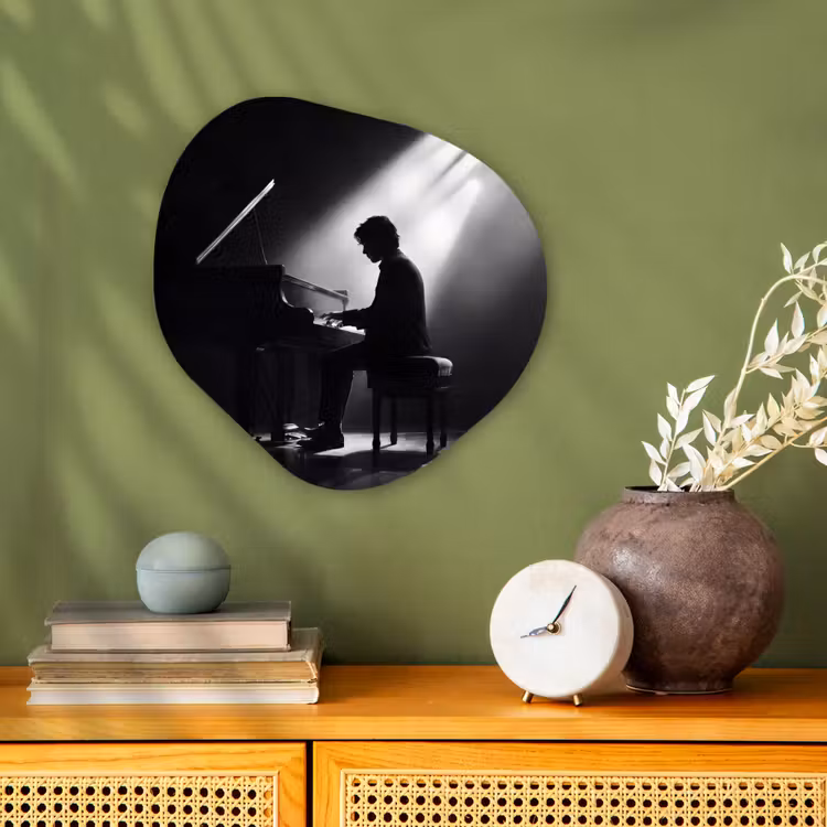 Persoon - Piano - Muziek - Zwart-wit - Podium Wandcirkel Organisch Forex 3mm klein -sfeer2