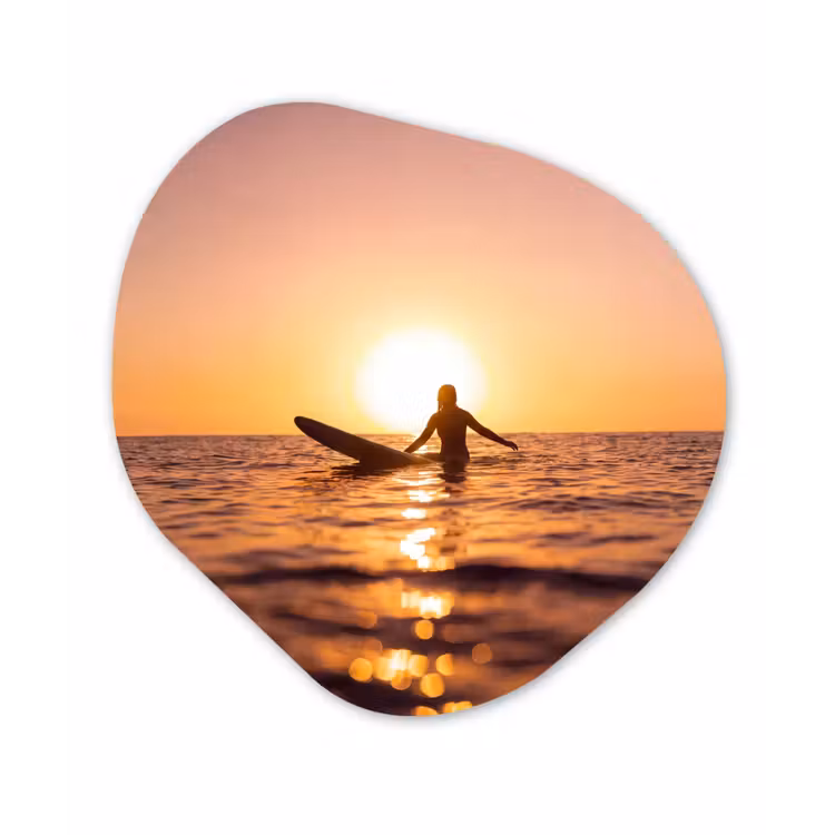 Persoon - Surfen - Zonsondergang - Zee - Oranje Wandcirkel Organisch Forex 3mm klein -3d
