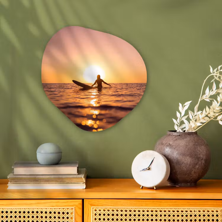Persoon - Surfen - Zonsondergang - Zee - Oranje Wandcirkel Organisch Forex 3mm klein -sfeer2