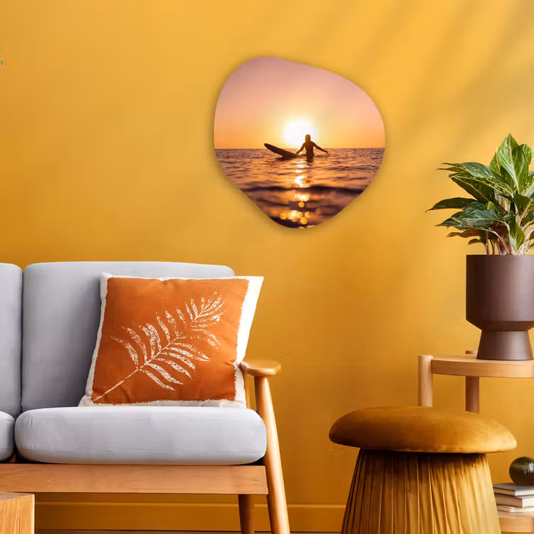 Persoon - Surfen - Zonsondergang - Zee - Oranje Wandcirkel Organisch Forex 3mm klein -sfeer4