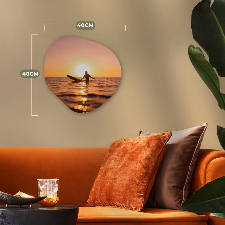 Persoon - Surfen - Zonsondergang - Zee - Oranje Wandcirkel Organisch Forex 3mm klein -sfeer3