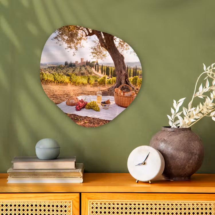 Picknick - Wijngaard - Landschap - Zomer - Eten Wandcirkel Organisch Forex 3mm klein -sfeer2