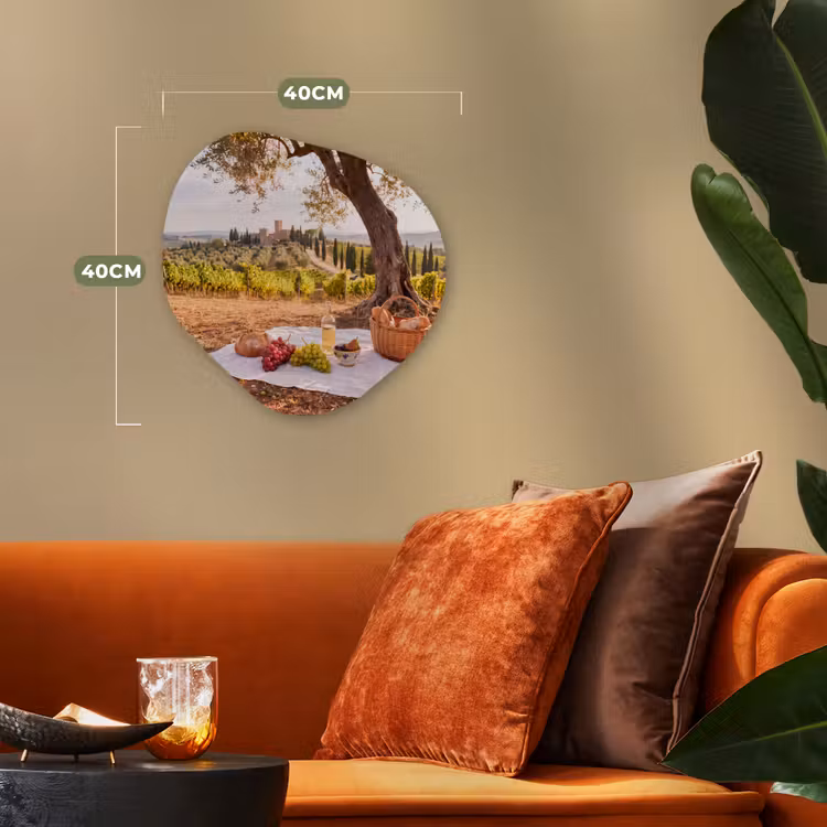Picknick - Wijngaard - Landschap - Zomer - Eten Wandcirkel Organisch Forex 3mm klein -sfeer3