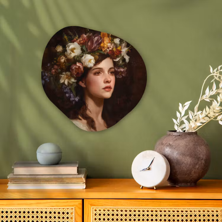 Portret - Vrouw - Bloemen Wandcirkel Organisch Forex 3mm klein -sfeer2