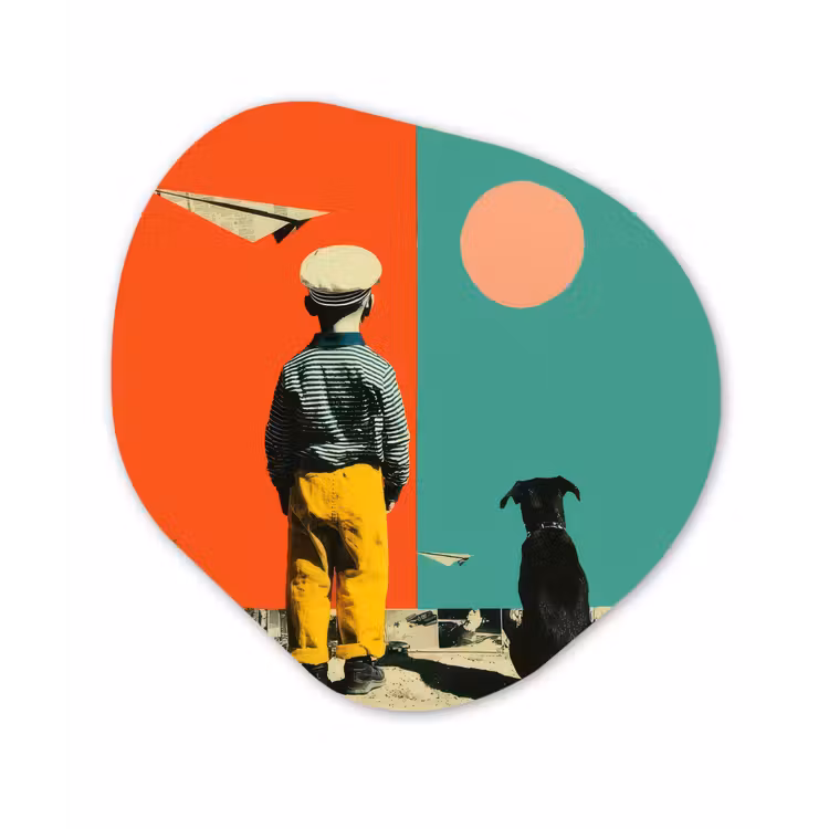 Retro - Jongen - Hond - Rood - Groen Wandcirkel Organisch Forex 3mm klein -3d