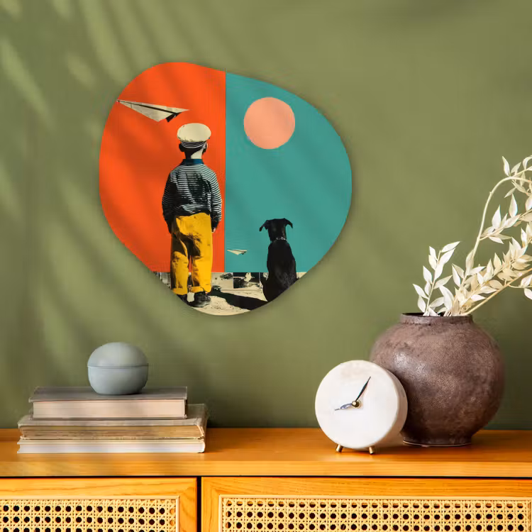 Retro - Jongen - Hond - Rood - Groen Wandcirkel Organisch Forex 3mm klein -sfeer2