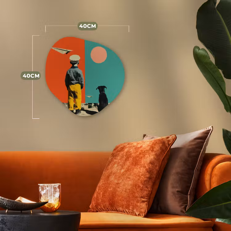 Retro - Jongen - Hond - Rood - Groen Wandcirkel Organisch Forex 3mm klein -sfeer3