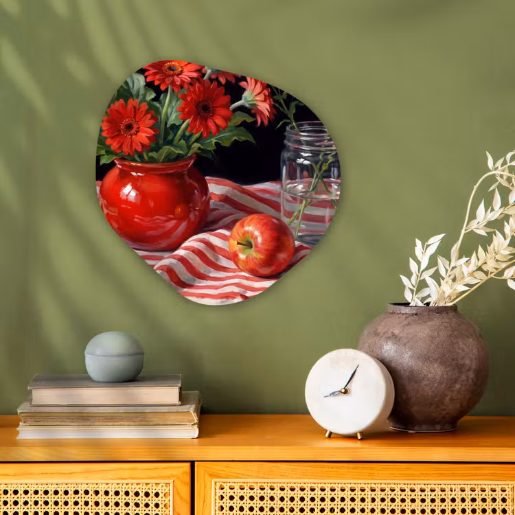 Forexbild Organische Form - Rote Blumen – Vase - Rode bloemen - Vaas Wandcirkel Organisch Forex 3mm klein