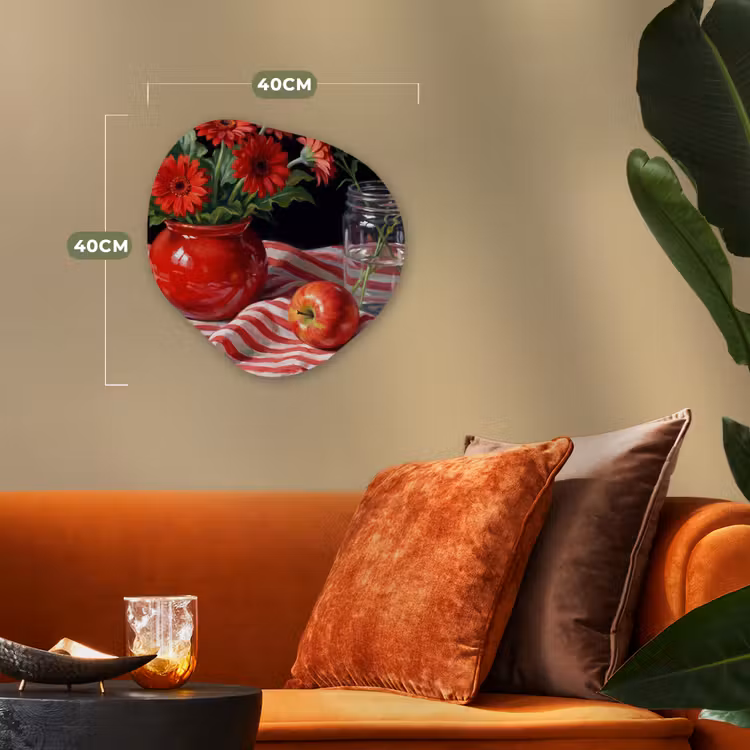 Forexbild Organische Form - Rote Blumen – Vase - Rode bloemen - Vaas Wandcirkel Organisch Forex 3mm klein