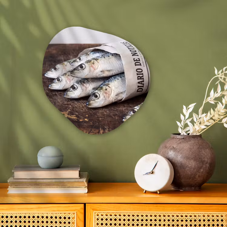 Forexbild Organische Form - Sardine – Zeitung – Schneidebrett - Sardientje - krant - snijplank Wandcirkel Organisch Forex 3mm klein