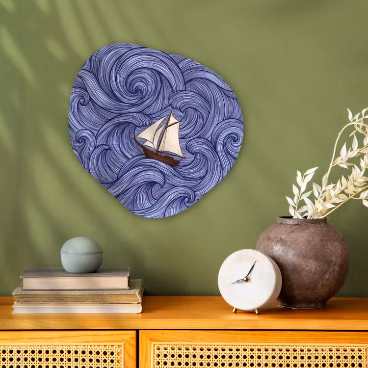 Schip - Golven - Zee - Illustratie - Blauw Wandcirkel Organisch Forex 3mm klein -sfeer2