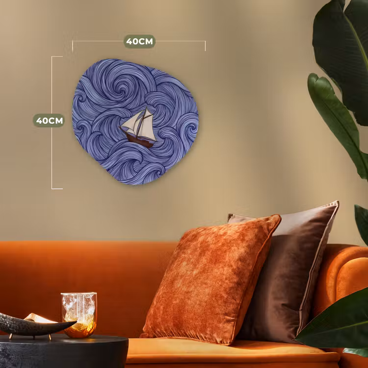 Schip - Golven - Zee - Illustratie - Blauw Wandcirkel Organisch Forex 3mm klein -sfeer3
