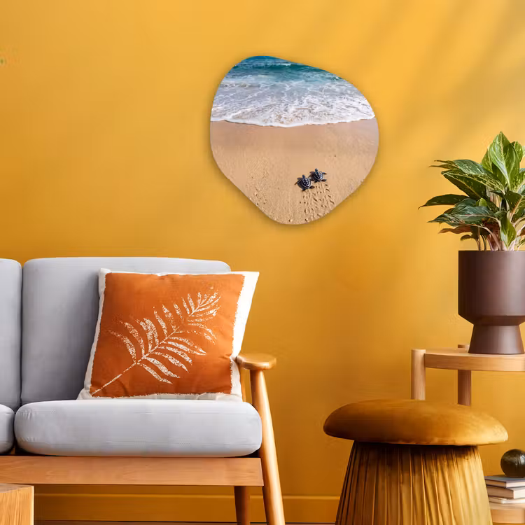 Schildpad - Jong - Strand - Oceaan - Blauw Wandcirkel Organisch Forex 3mm klein -sfeer4