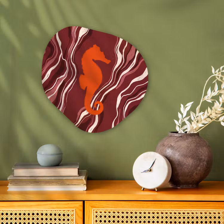 Zeepaardje - Golven - Zeeleven - Abstract - Oranje Wandcirkel Organisch Forex 3mm klein -sfeer2