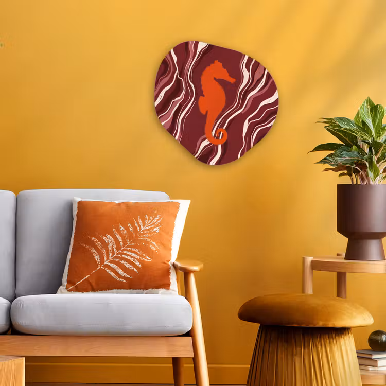 Zeepaardje - Golven - Zeeleven - Abstract - Oranje Wandcirkel Organisch Forex 3mm klein -sfeer4