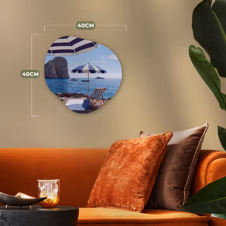 Strand - Ligstoel - Parasol - Zomer - Blauw Wandcirkel Organisch Forex 3mm klein -sfeer3
