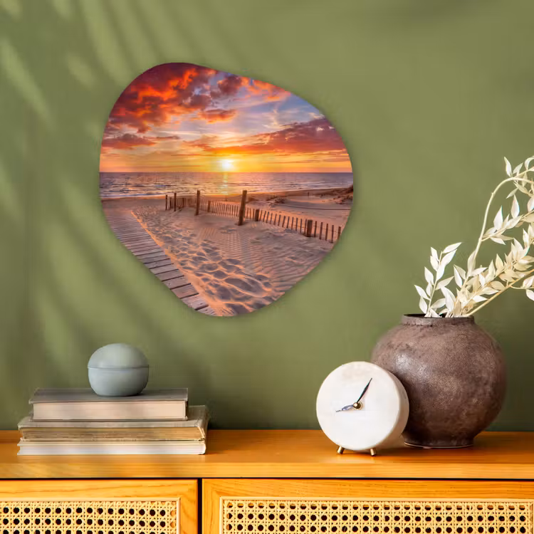 Strand - Zonsondergang - Zee - Natuur - Oranje Wandcirkel Organisch Forex 3mm klein -sfeer2