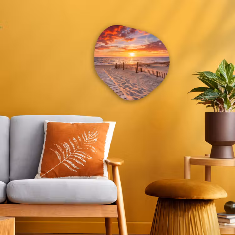 Strand - Zonsondergang - Zee - Natuur - Oranje Wandcirkel Organisch Forex 3mm klein -sfeer4
