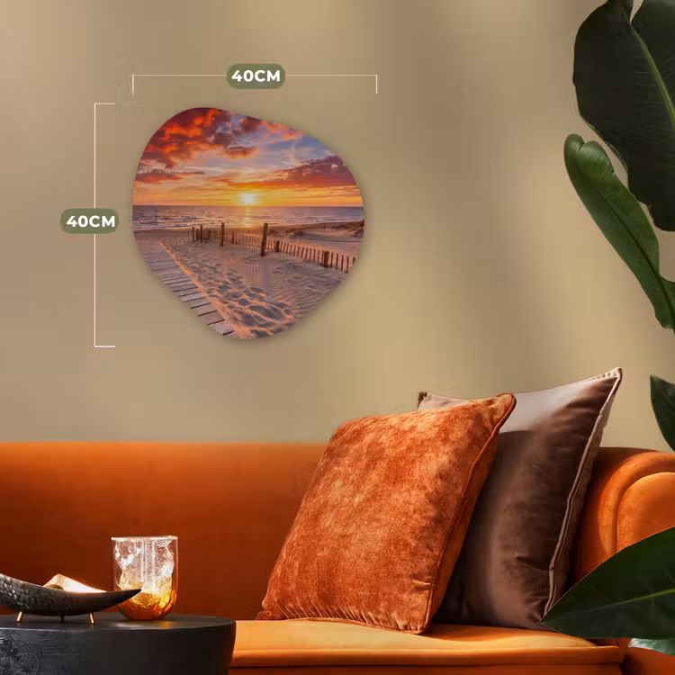 Strand - Zonsondergang - Zee - Natuur - Oranje Wandcirkel Organisch Forex 3mm klein -sfeer3