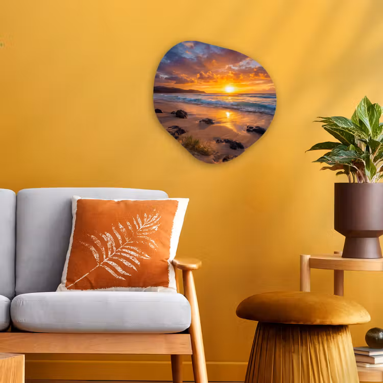 Strand - Zonsondergang - Golven - Natuur - Oranje Wandcirkel Organisch Forex 3mm klein -sfeer4
