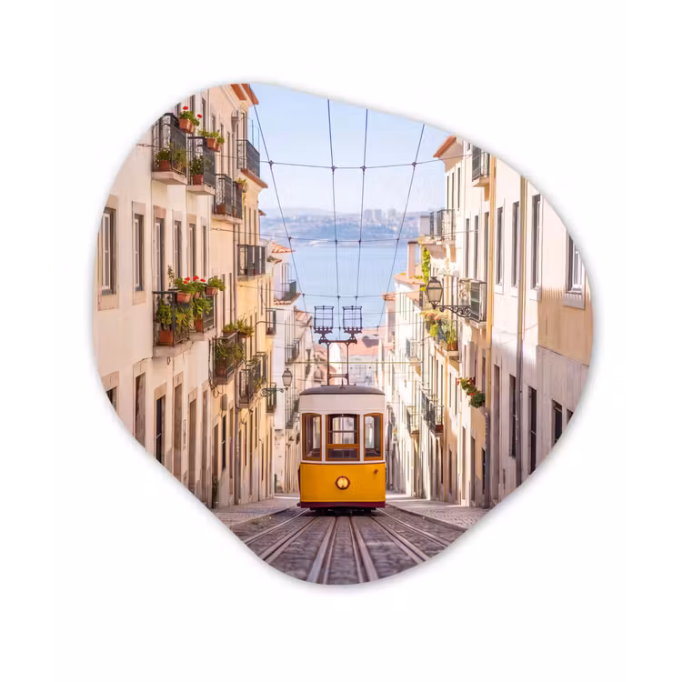 Tram - Straat - Stad - Architectuur - Geel Wandcirkel Organisch Forex 3mm klein -3d