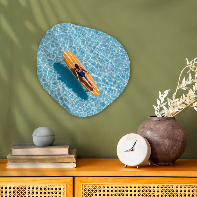 Surfboard - Water - Badpak - Oranje Wandcirkel Organisch Forex 3mm klein -sfeer2